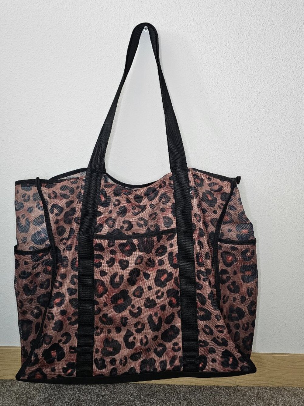 Leopard print mesh tote
